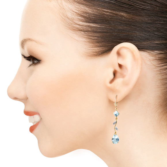 14K. GOLD CHANDELIERS EARRING W/ DIAMONDS & AQUAMARINE (Yellow Gold) - Picture 2 of 3